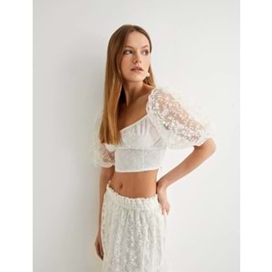 Crop Dantelli Bluz Balon Kollu Kare Yaka - KOTON - 4SAK80346EK - EKRU - S