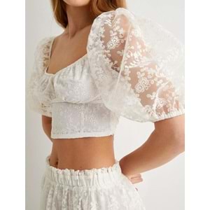 Crop Dantelli Bluz Balon Kollu Kare Yaka - KOTON - 4SAK80346EK - EKRU - S