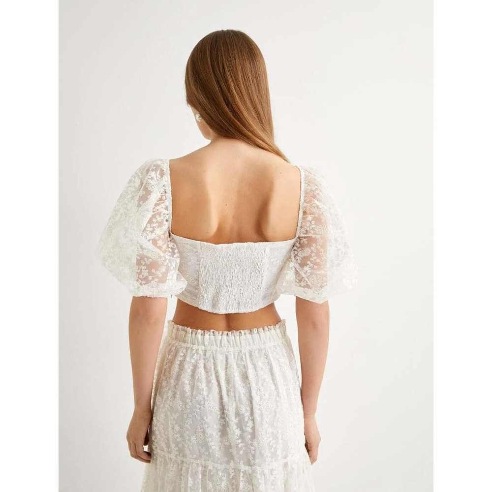 Crop Dantelli Bluz Balon Kollu Kare Yaka - KOTON - 4SAK80346EK - EKRU - S