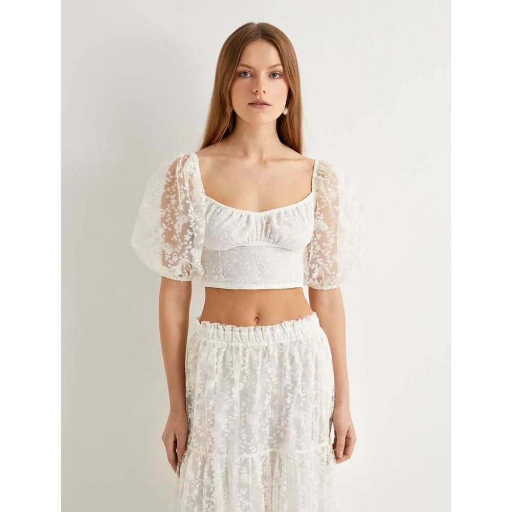Crop Dantelli Bluz Balon Kollu Kare Yaka - KOTON - 4SAK80346EK - EKRU - S