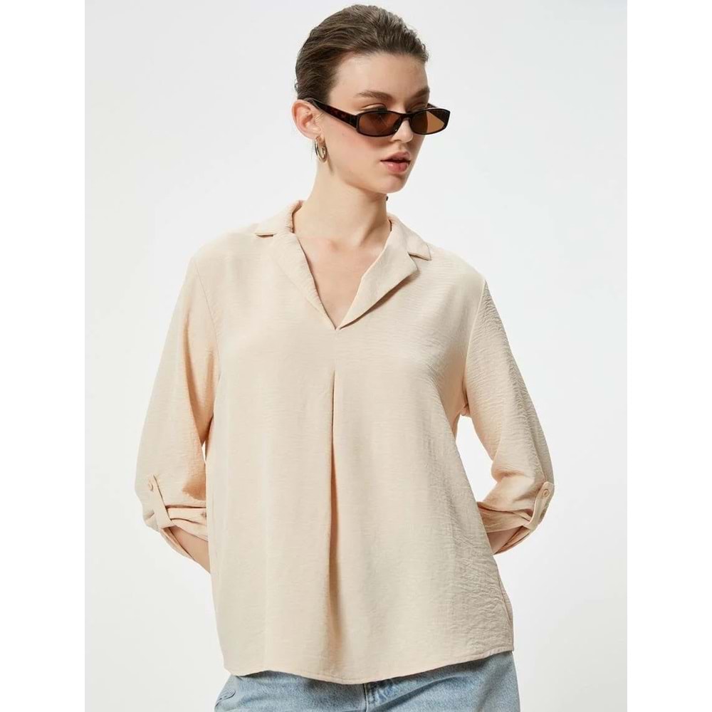V Yaka Bluz Yarım Kollu Dokulu Standart Kesim - KOTON - 4SAK60016PW - BEJ - 44