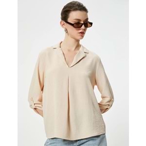 V Yaka Bluz Yarım Kollu Dokulu Standart Kesim - KOTON - 4SAK60016PW - BEJ - 44