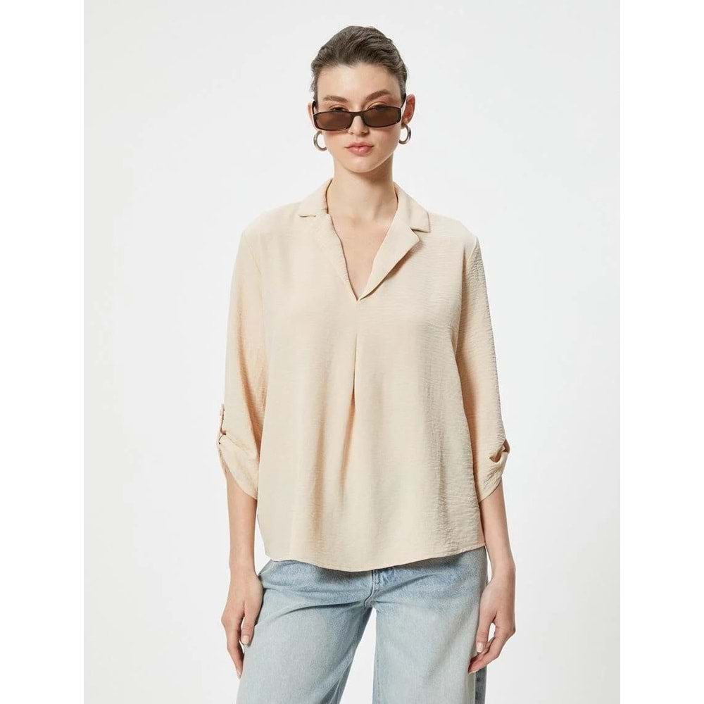 V Yaka Bluz Yarım Kollu Dokulu Standart Kesim - KOTON - 4SAK60016PW - BEJ - 44
