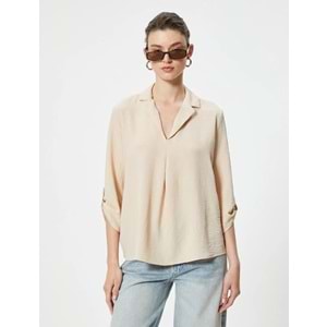 V Yaka Bluz Yarım Kollu Dokulu Standart Kesim - KOTON - 4SAK60016PW - BEJ - 44