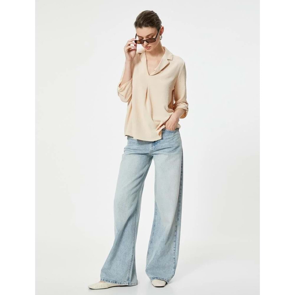 V Yaka Bluz Yarım Kollu Dokulu Standart Kesim - KOTON - 4SAK60016PW - BEJ - 44