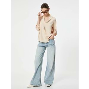 V Yaka Bluz Yarım Kollu Dokulu Standart Kesim - KOTON - 4SAK60016PW - BEJ - 44