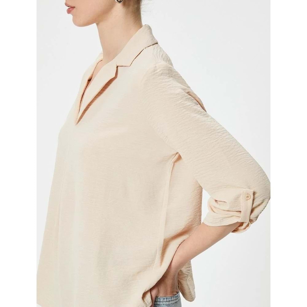 V Yaka Bluz Yarım Kollu Dokulu Standart Kesim - KOTON - 4SAK60016PW - BEJ - 44