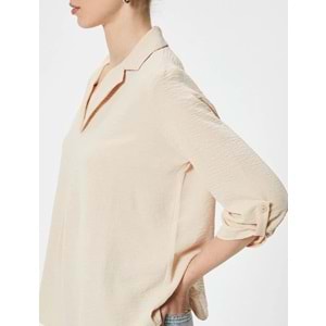 V Yaka Bluz Yarım Kollu Dokulu Standart Kesim - KOTON - 4SAK60016PW - BEJ - 44