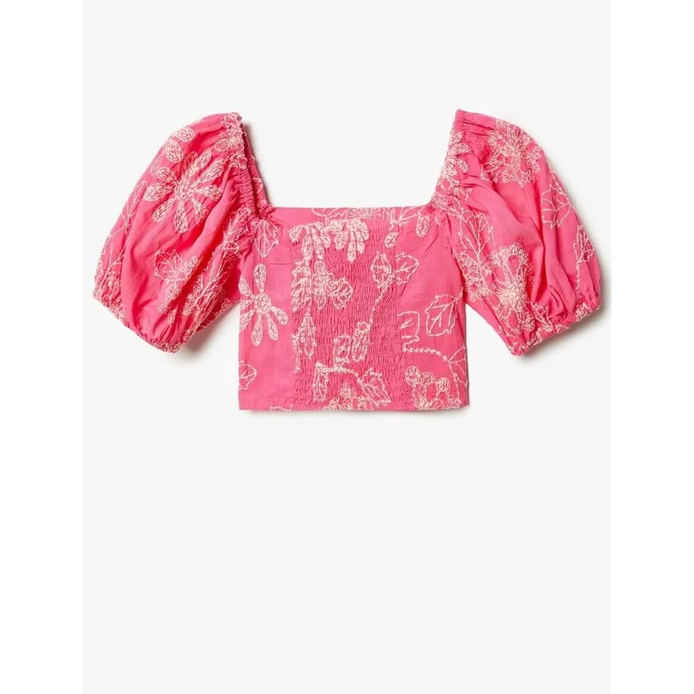Kız Çocuk Crop Bluz İşlemeli Kare Yaka Pamuklu - KOTON - 4SKG60105AW - PEMBE - 11-12 YAŞ