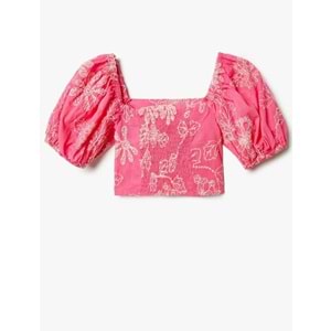 Kız Çocuk Crop Bluz İşlemeli Kare Yaka Pamuklu - KOTON - 4SKG60105AW - PEMBE - 11-12 YAŞ