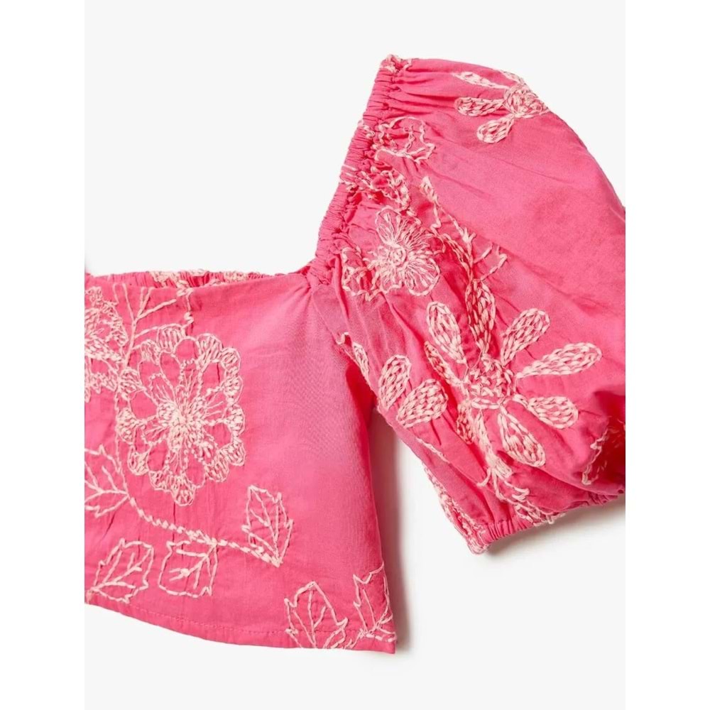 Kız Çocuk Crop Bluz İşlemeli Kare Yaka Pamuklu - KOTON - 4SKG60105AW - PEMBE - 11-12 YAŞ