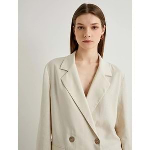 Keten Karışımlı Ceket Oversize Cep Detaylı Kruvaze Düğmeli - KOTON - 4SAK50133PW - BEJ - 42