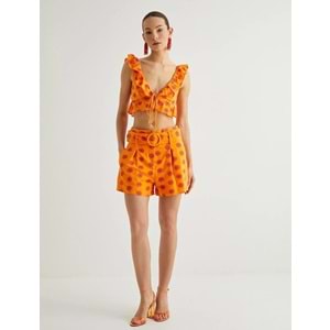 Koton X Sibil Çetinkaya - Kemerli İşlemeli Mini Şort - KOTON - 4SAK40472PW - PEMBE DESENLİ - 36