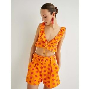 Koton X Sibil Çetinkaya - Kemerli İşlemeli Mini Şort - KOTON - 4SAK40472PW - PEMBE DESENLİ - 36