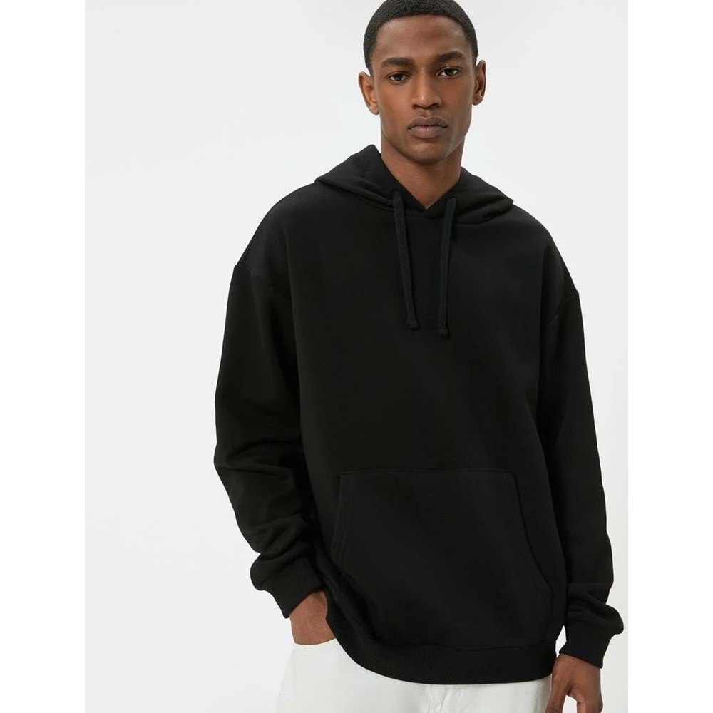 Erkek Giyim Oversize Sweatshirt Kapşonlu Uzun Kollu Kanguru Cep Detaylı - KOTON - 5WAM70017MK - SİYAH - L