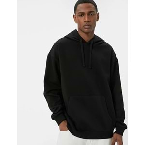 Erkek Giyim Oversize Sweatshirt Kapşonlu Uzun Kollu Kanguru Cep Detaylı - KOTON - 5WAM70017MK - SİYAH - L