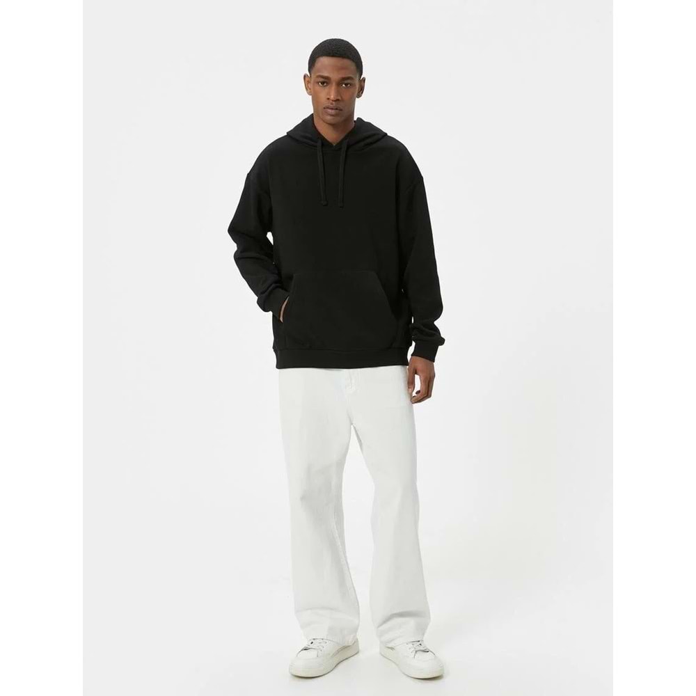 Erkek Giyim Oversize Sweatshirt Kapşonlu Uzun Kollu Kanguru Cep Detaylı - KOTON - 5WAM70017MK - SİYAH - L