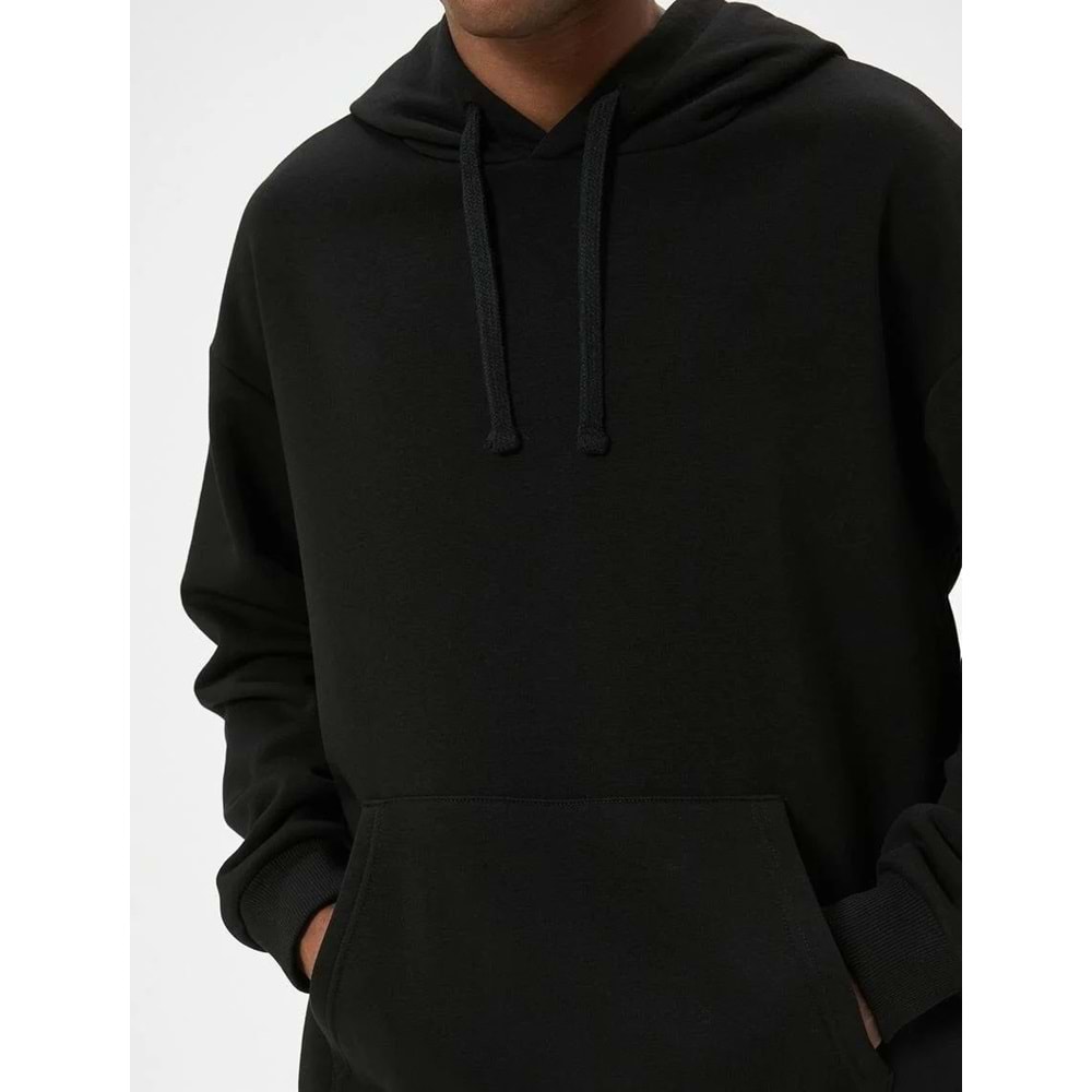 Erkek Giyim Oversize Sweatshirt Kapşonlu Uzun Kollu Kanguru Cep Detaylı - KOTON - 5WAM70017MK - SİYAH - L