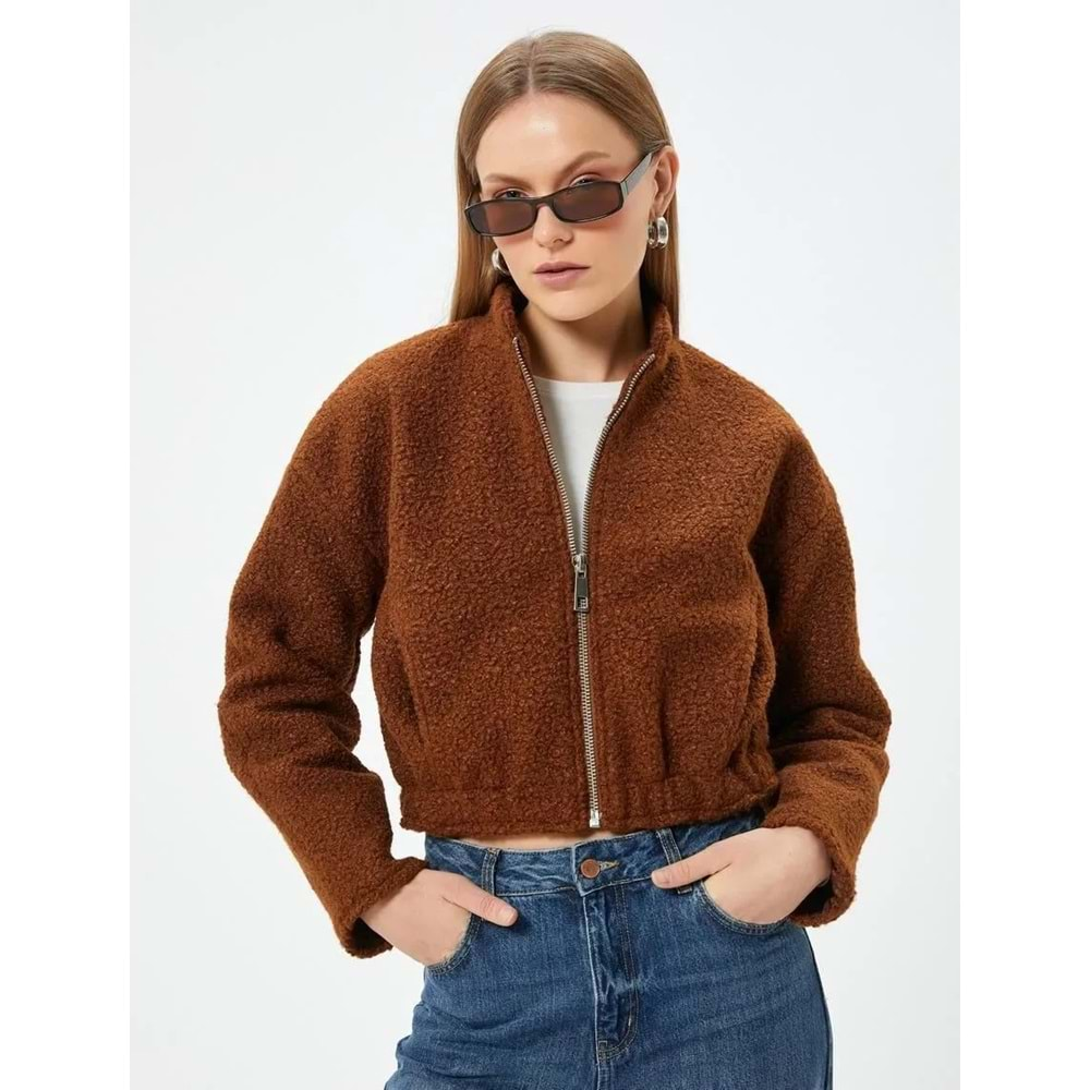 Peluş Bomber Ceket Crop Fermuarlı Cepli Rahat Kalıp 5WAK20004EW