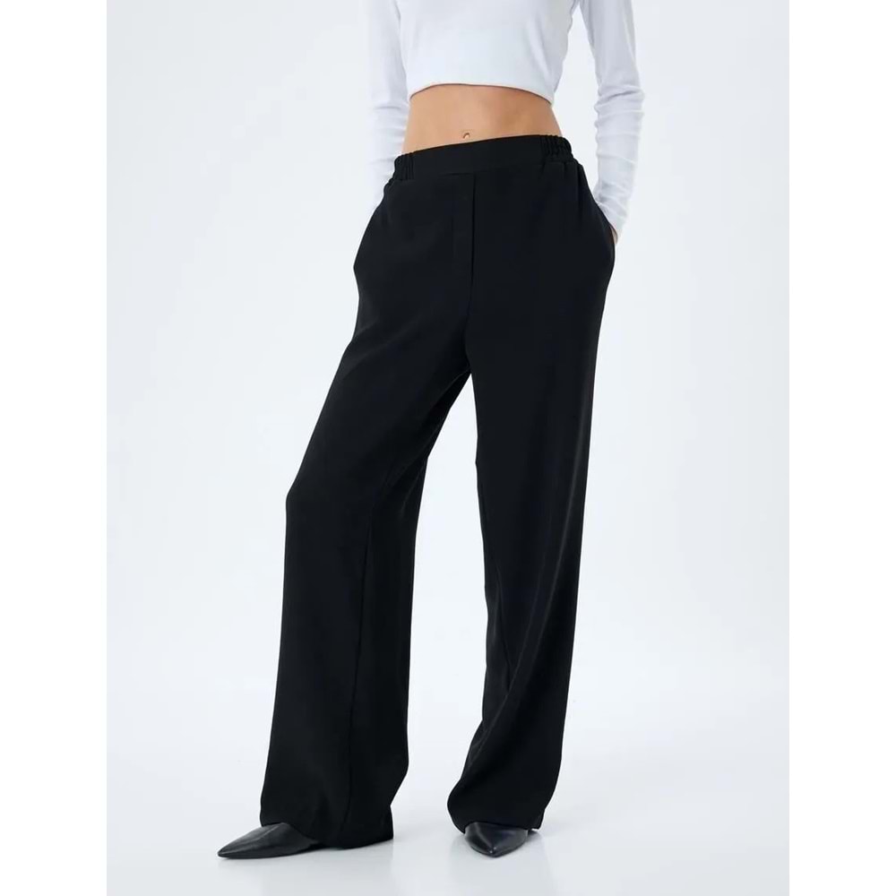 Bol Paça Pantolon Beli Lastikli Cepli Standart Bel - KOTON - 5WAK40015EW - SİYAH - 34