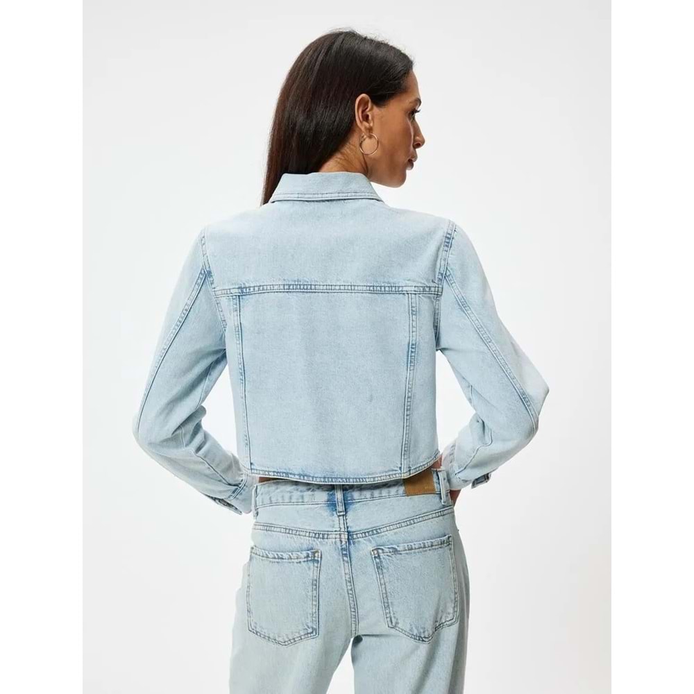 Crop Kot Ceket Cep Detaylı Düğmeli Rahat Kesim Gömlek Yaka - KOTON - 5WAL50002MD - AÇIK İNDİGO - 34