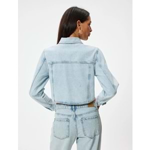 Crop Kot Ceket Cep Detaylı Düğmeli Rahat Kesim Gömlek Yaka - KOTON - 5WAL50002MD - AÇIK İNDİGO - 34