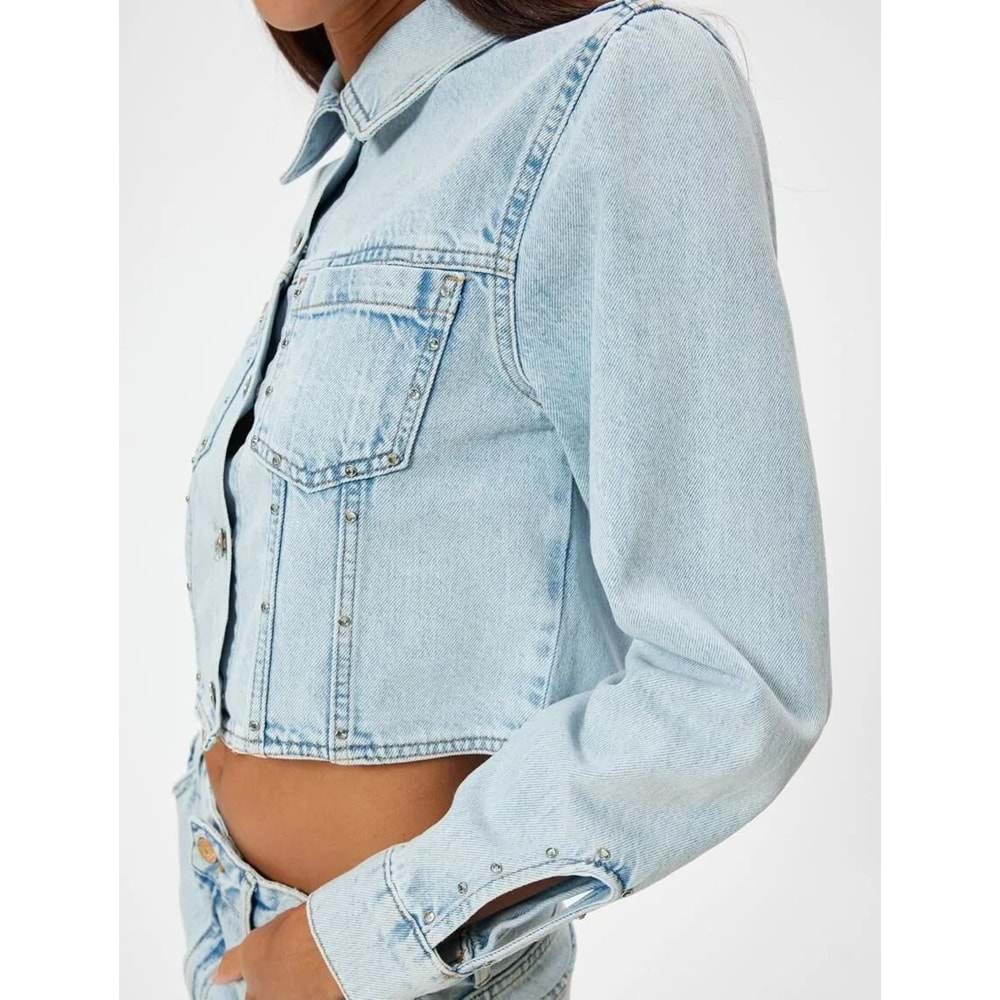 Crop Kot Ceket Cep Detaylı Düğmeli Rahat Kesim Gömlek Yaka - KOTON - 5WAL50002MD - AÇIK İNDİGO - 34