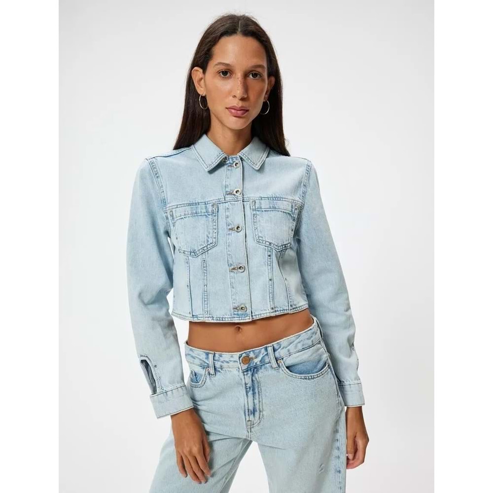 Crop Kot Ceket Cep Detaylı Düğmeli Rahat Kesim Gömlek Yaka - KOTON - 5WAL50002MD - AÇIK İNDİGO - 34