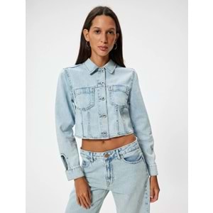 Crop Kot Ceket Cep Detaylı Düğmeli Rahat Kesim Gömlek Yaka - KOTON - 5WAL50002MD - AÇIK İNDİGO - 34