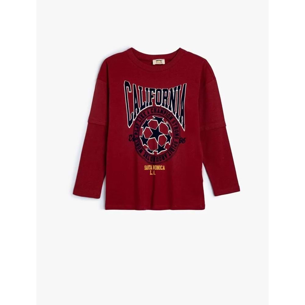 Erkek Çocuk Oversize Tişört Kolej Baskılı Uzun Kollu Bisiklet Yaka Pamuklu - KOTON - 5WKB10186TK - BORDO - 6-7 YAŞ