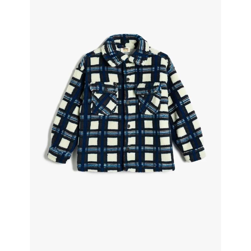 Erkek Çocuk Peluş Gömlek Ceket Uzun Kollu Kapaklı Cep Detaylı - KOTON - 5WKB20013TK - MAVİ EKOSE - 6-7 YAŞ