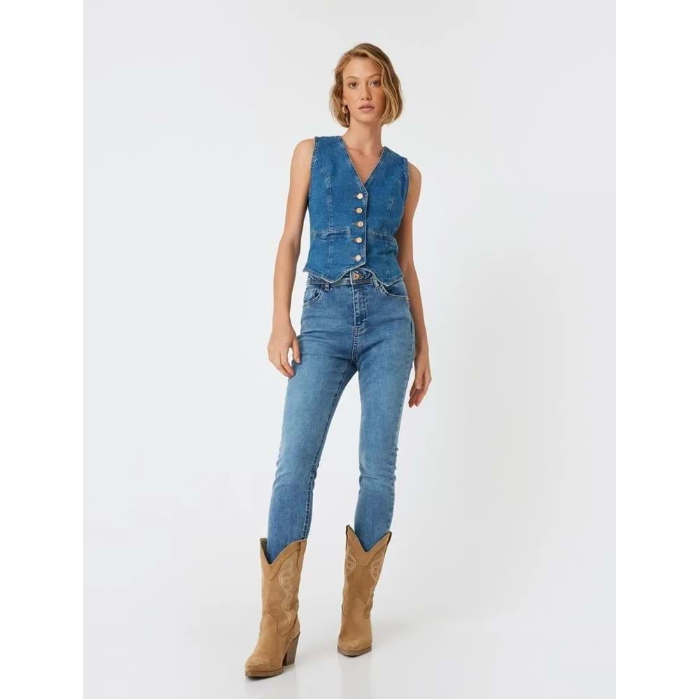 Yüksek Bel Kot Pantolon Skinny Push Up - KOTON - 5WAL40059MD - ORTA İNDİGO - 27/32