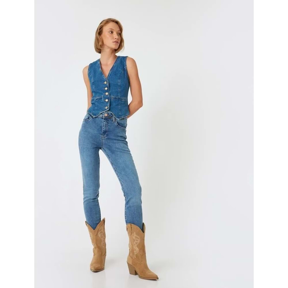 Yüksek Bel Kot Pantolon Skinny Push Up - KOTON - 5WAL40059MD - ORTA İNDİGO - 28/32