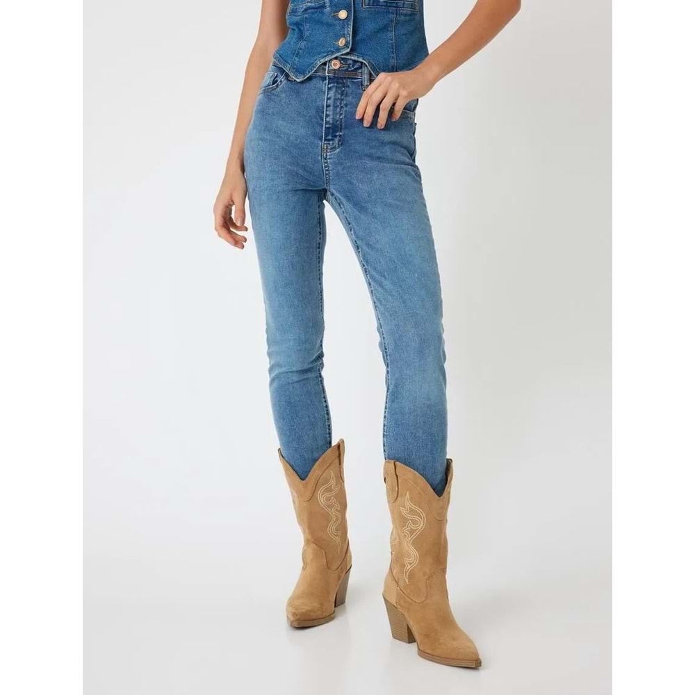 Yüksek Bel Kot Pantolon Skinny Push Up - KOTON - 5WAL40059MD - ORTA İNDİGO - 28/32
