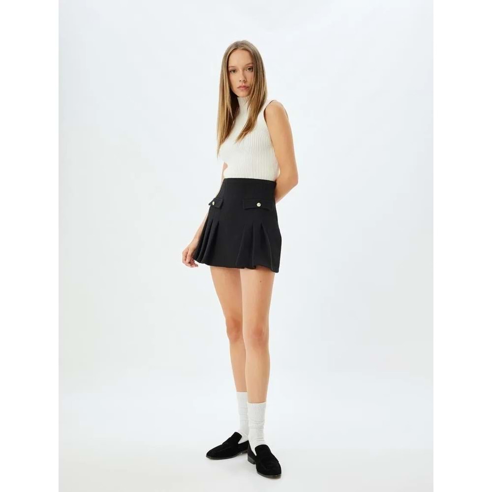 Mini Tüvit Etek Pileli Yüksek Bel - KOTON - 5WAL70025IK - SİYAH - L