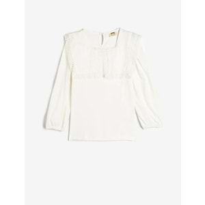 Kız Çocuk Geniş Bebe Yaka Tişört Uzun Kollu - KOTON - 5WKG10391AK - EKRU - 7-8 YAŞ