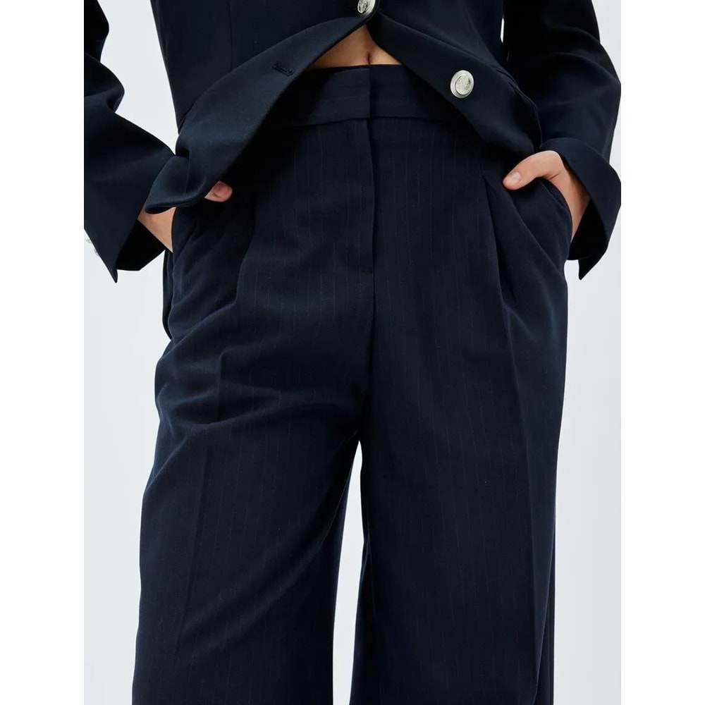 Yüksek Bel Geniş Paça Kumaş Pantolon - KOTON - 5WAK40083UW - LACİVERT ÇİZGİLİ - 40