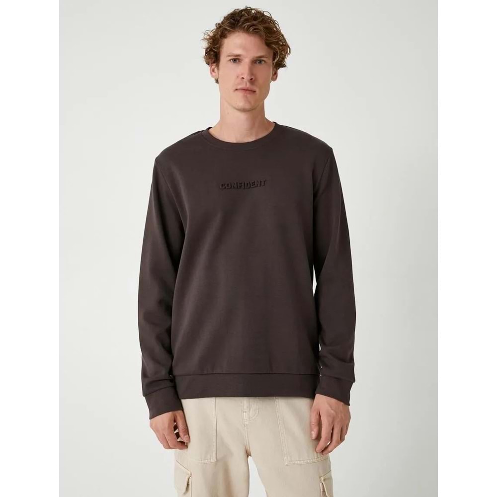 Bisiklet Yaka Sweatshirt Slogan Baskılı Uzun Kollu Pamuklu - KOTON - 5WAM70092MK - KAHVERENGİ - S