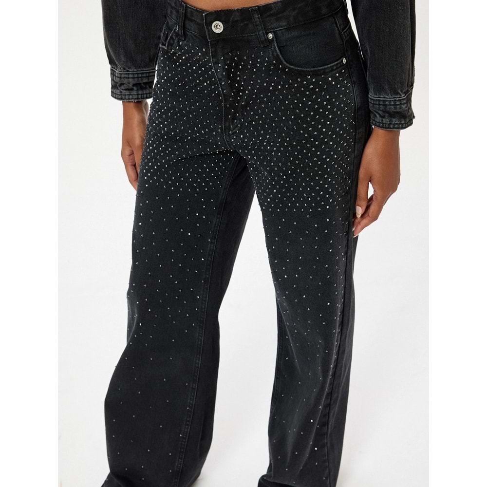 Kadın Giyim Kot Pantolon Taşlı - Bianca Wide Leg Jeans 5WAL40088MD - KOTON - 5WAL40088MD - SİYAH - 29/32