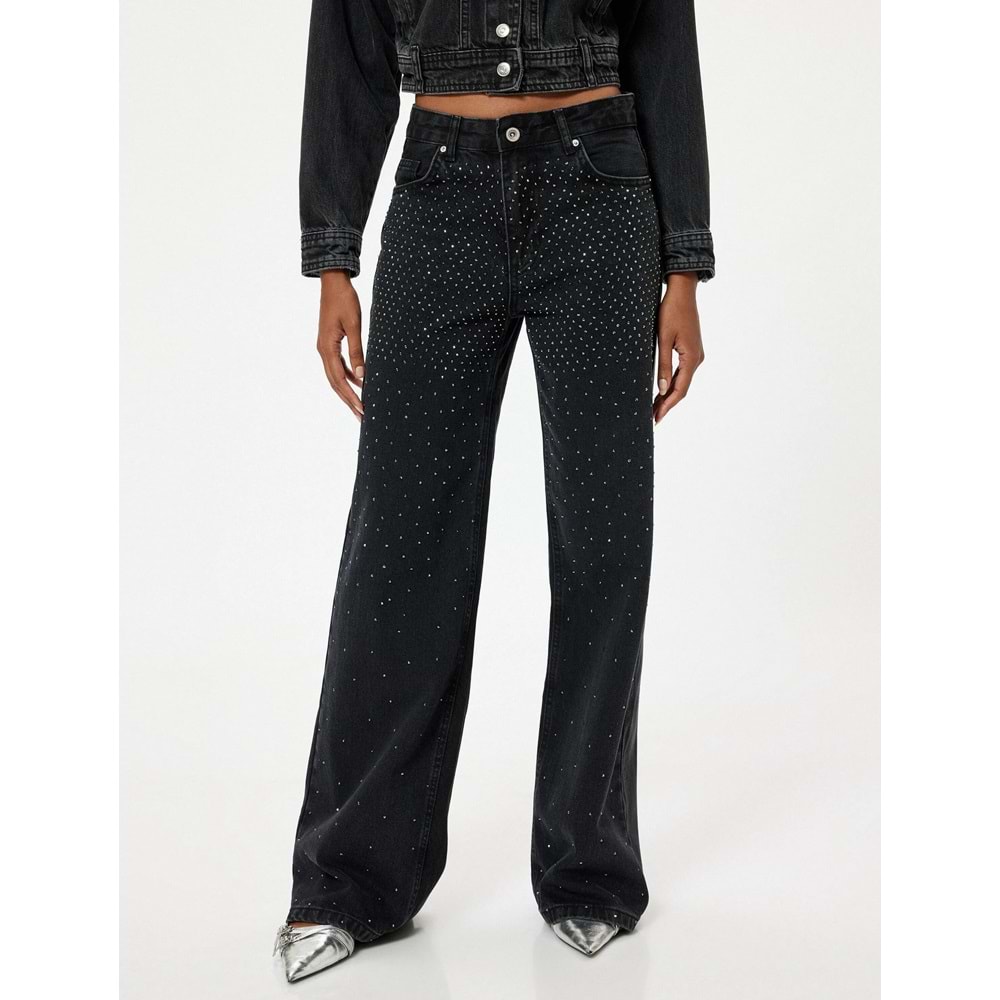 Kadın Giyim Kot Pantolon Taşlı - Bianca Wide Leg Jeans 5WAL40088MD - KOTON - 5WAL40088MD - SİYAH - 29/32