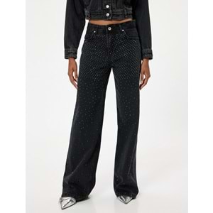 Kadın Giyim Kot Pantolon Taşlı - Bianca Wide Leg Jeans 5WAL40088MD - KOTON - 5WAL40088MD - SİYAH - 29/32