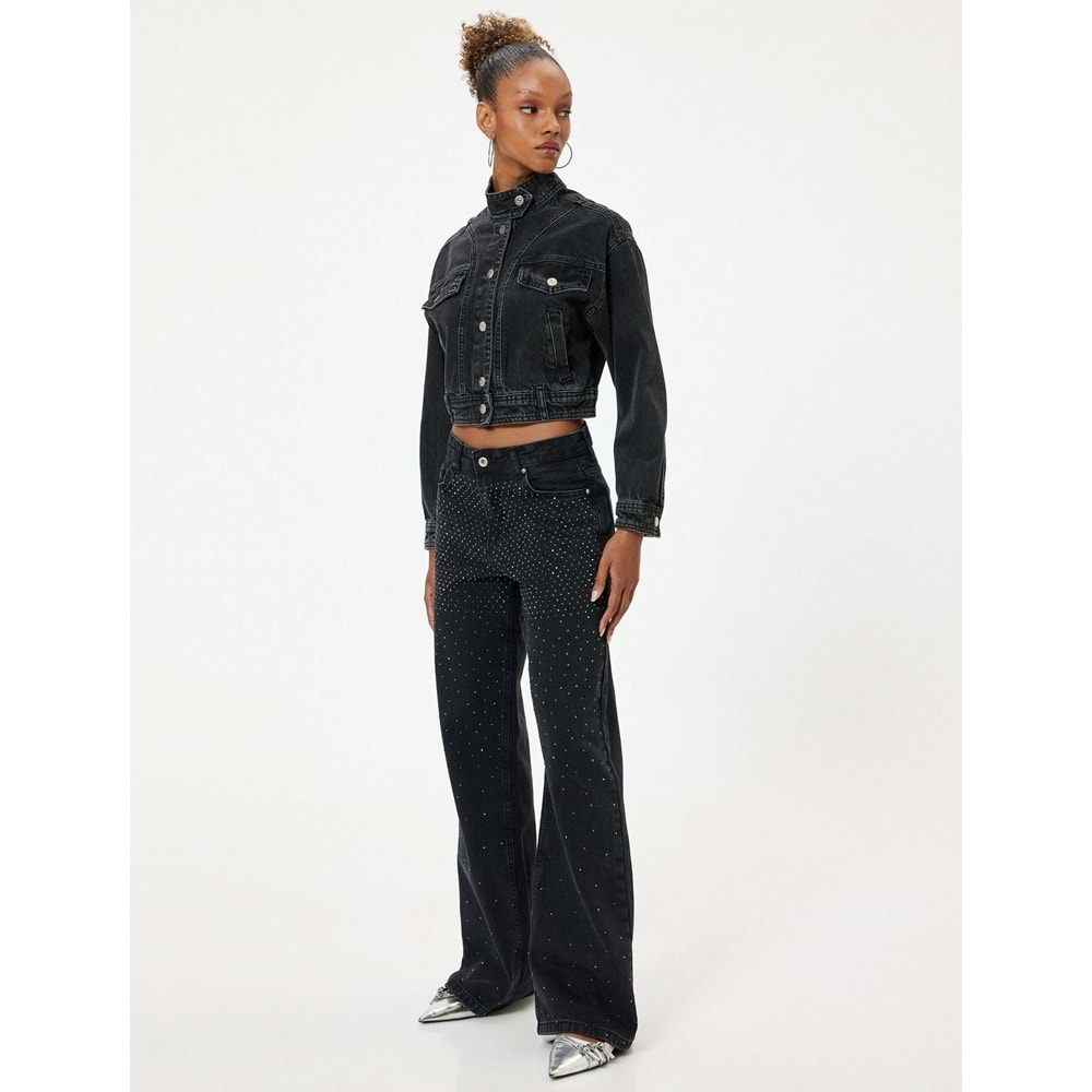 Kadın Giyim Kot Pantolon Taşlı - Bianca Wide Leg Jeans 5WAL40088MD - KOTON - 5WAL40088MD - SİYAH - 29/32