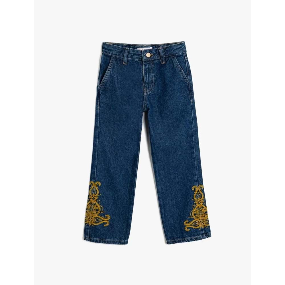 Kız Çocuk İşlemeli Kot Pantolon - Straight Jean - KOTON - 5WKG40093AD - ORTA İNDİGO - 9-10 YAŞ