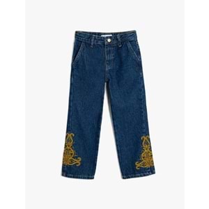 Kız Çocuk İşlemeli Kot Pantolon - Straight Jean - KOTON - 5WKG40093AD - ORTA İNDİGO - 9-10 YAŞ