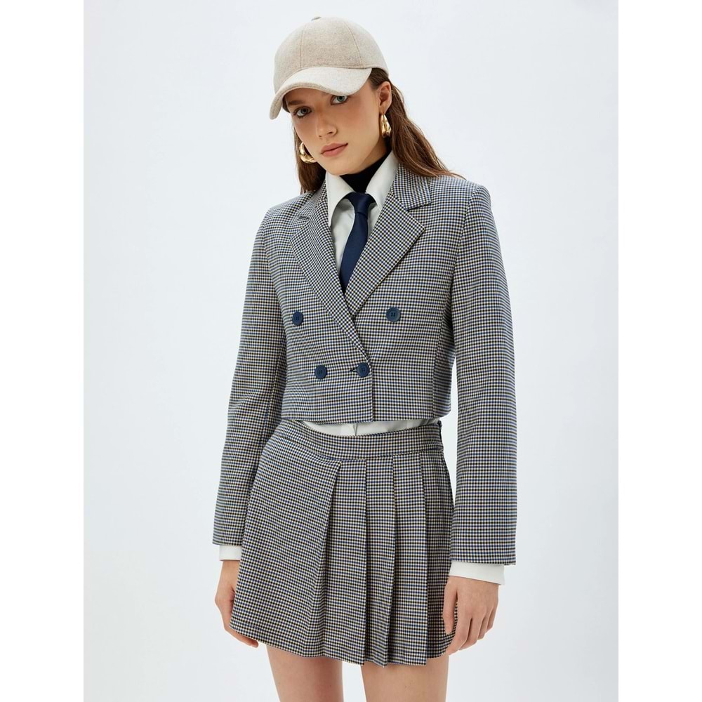 Kadın Giyim Koton X Sima Tarkan - Standart Bel Pileli Mini Şort Etek - KOTON - 5WAK40138PW - MAVİ EKOSE - 38