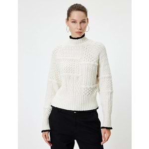 Kadın Giyim Dik Yaka Kazak Örgü Dokulu Biyeli Uzun Kollu 5WAL90069IT