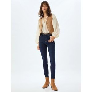 Yüksek Bel Kot Pantolon Düğmeli Dar Kalıp 5WAL40204MD - KOTON - KOYU İNDİGO - 27/32