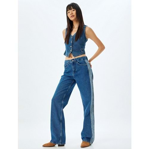 Düz Paça Kot Pantolon Renk Bloklu Yüksek Bel 5WAL40194MD - KOTON - ORTA İNDİGO - 30/32