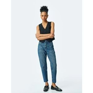 Yüksek Bel Düğmeli Kot Pantolon - Mom Jean 5SAL40046MD - KOTON - KOYU İNDİGO - 29/32