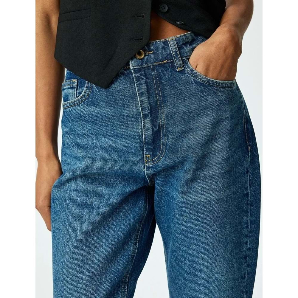 Yüksek Bel Düğmeli Kot Pantolon - Mom Jean 5SAL40046MD - KOTON - KOYU İNDİGO - 29/32